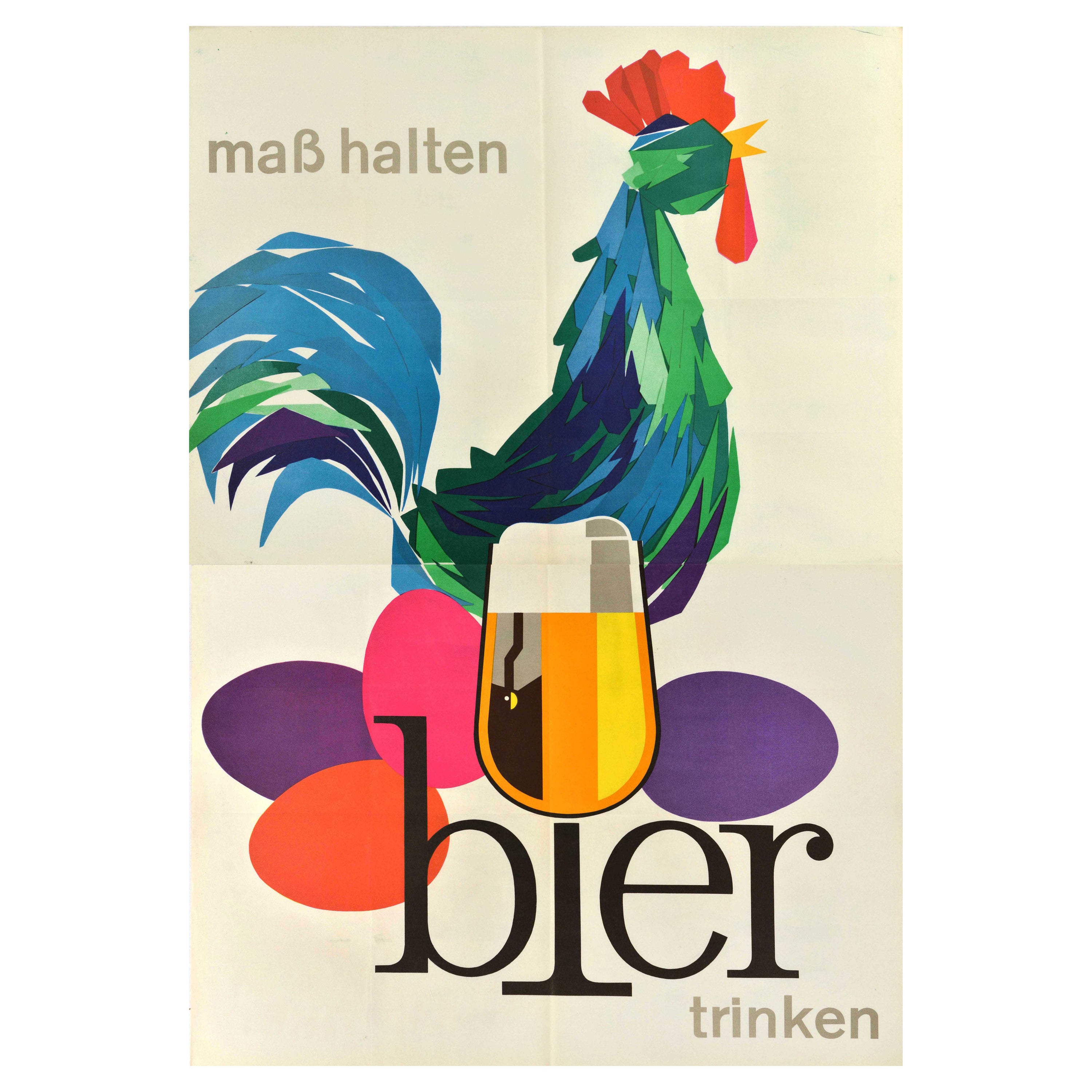 Original Vintage Advertising Poster Drink Beer Moderately Cockerel Bier Alcohol For Sale