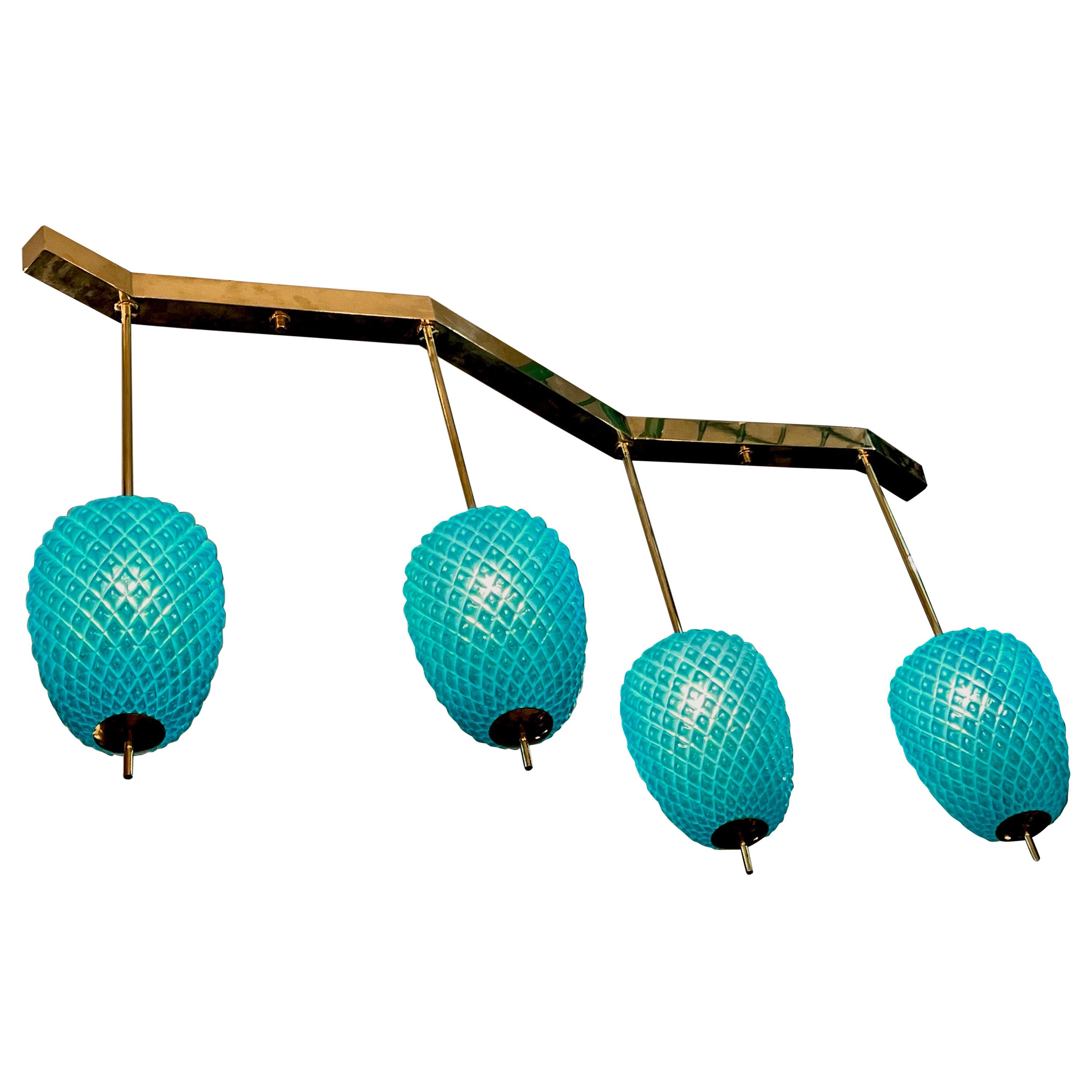 Lampes à suspension en verre de Murano turquoise avec structure en laiton, années 1980 en vente