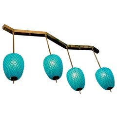 Lampes à suspension en verre de Murano turquoise avec structure en laiton, années 1980