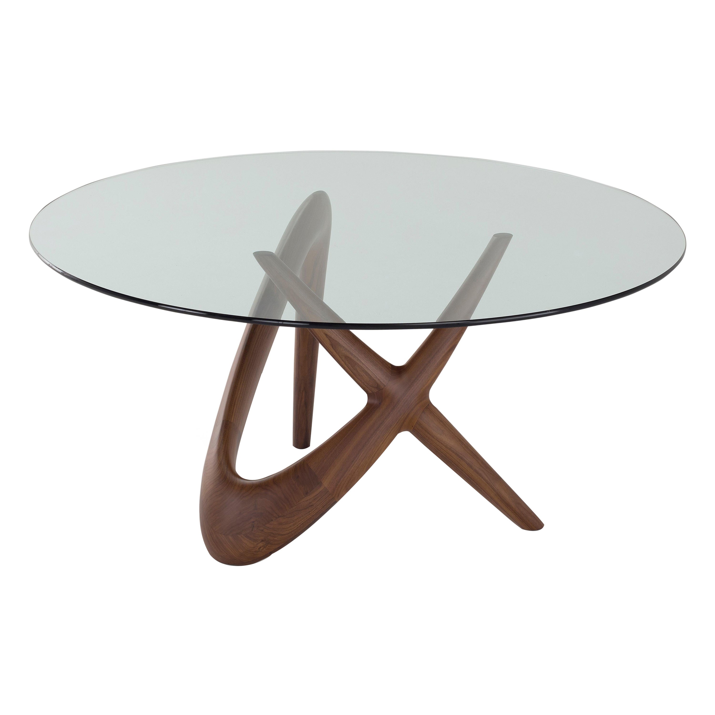 Table ronde contemporaine « NX », base en bois et plateau en verre