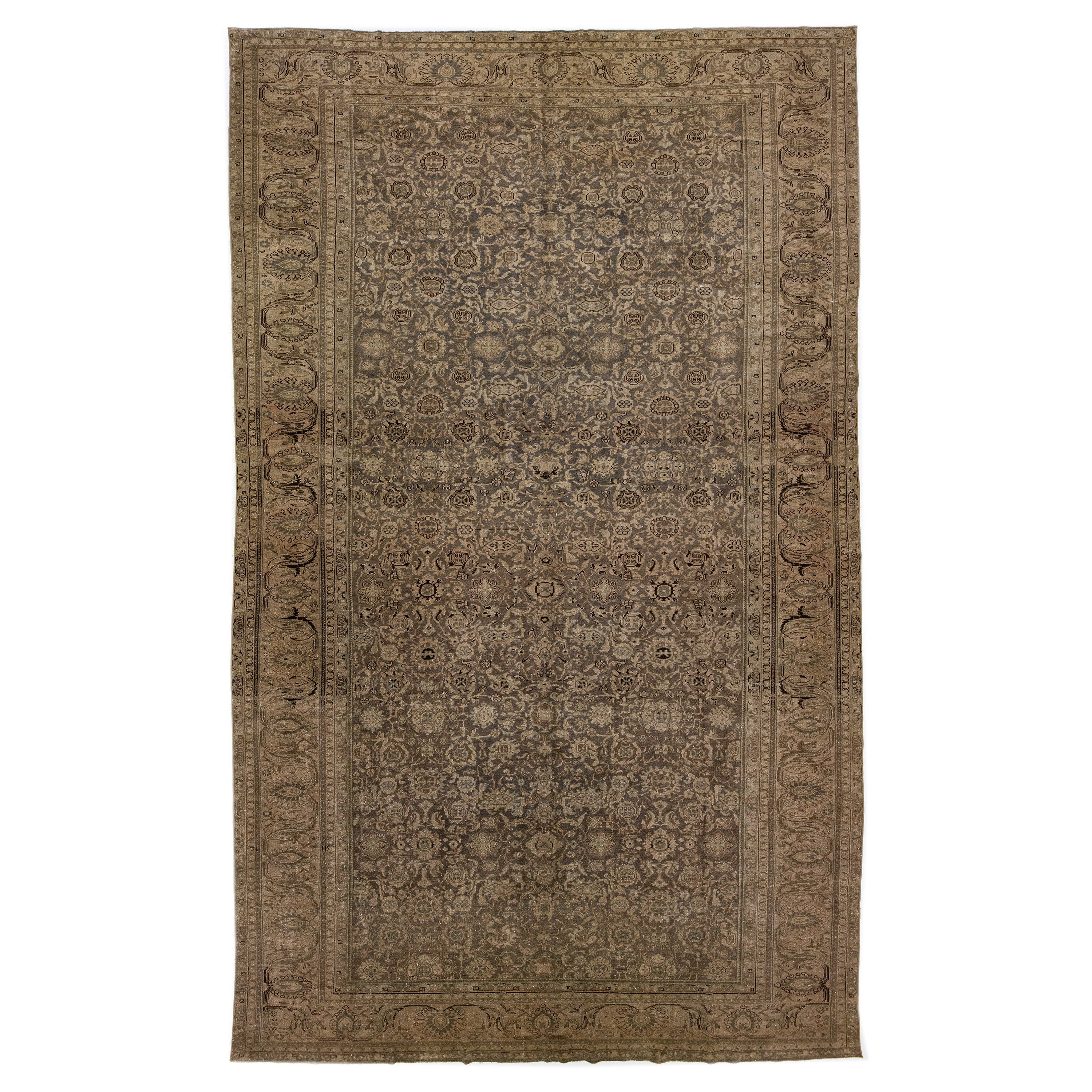Handmade Tabriz 1900s Persian Wool Rug in Brown with Allover Motif