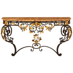 French 19th Century Louis XV St. Wrought Iron, Gilt Metal and Marble Console