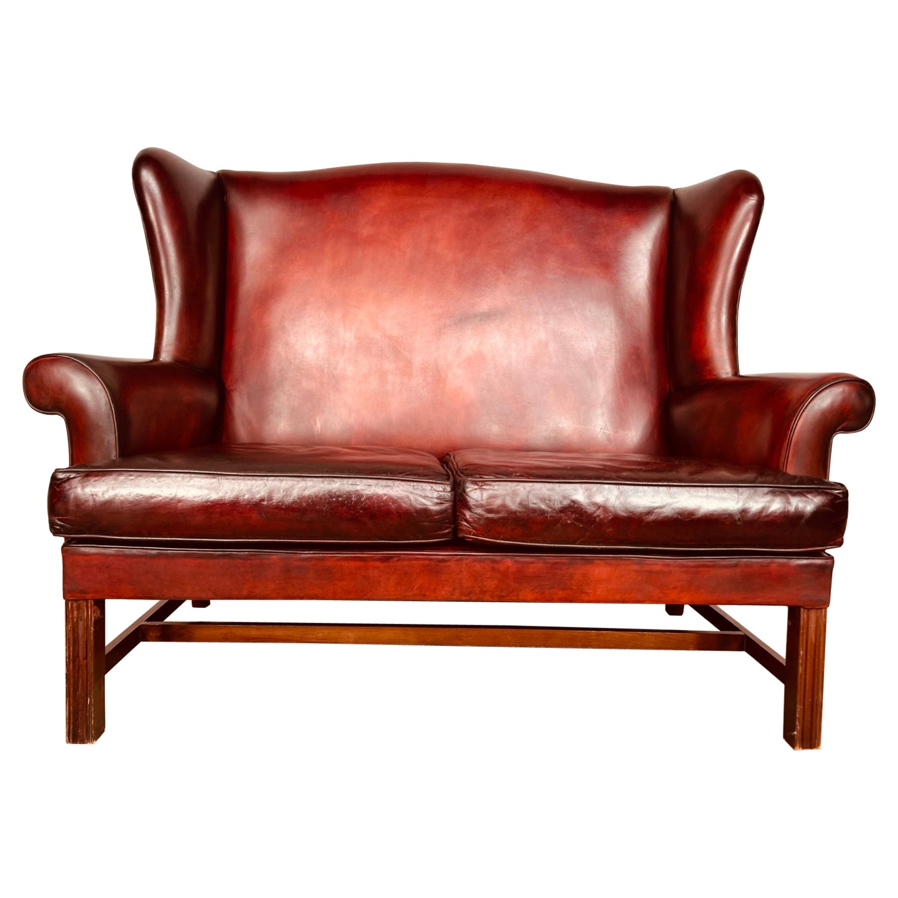 Exceptional English Georgian Country House Leather Wing Back 2 Seater Sofa For Sale