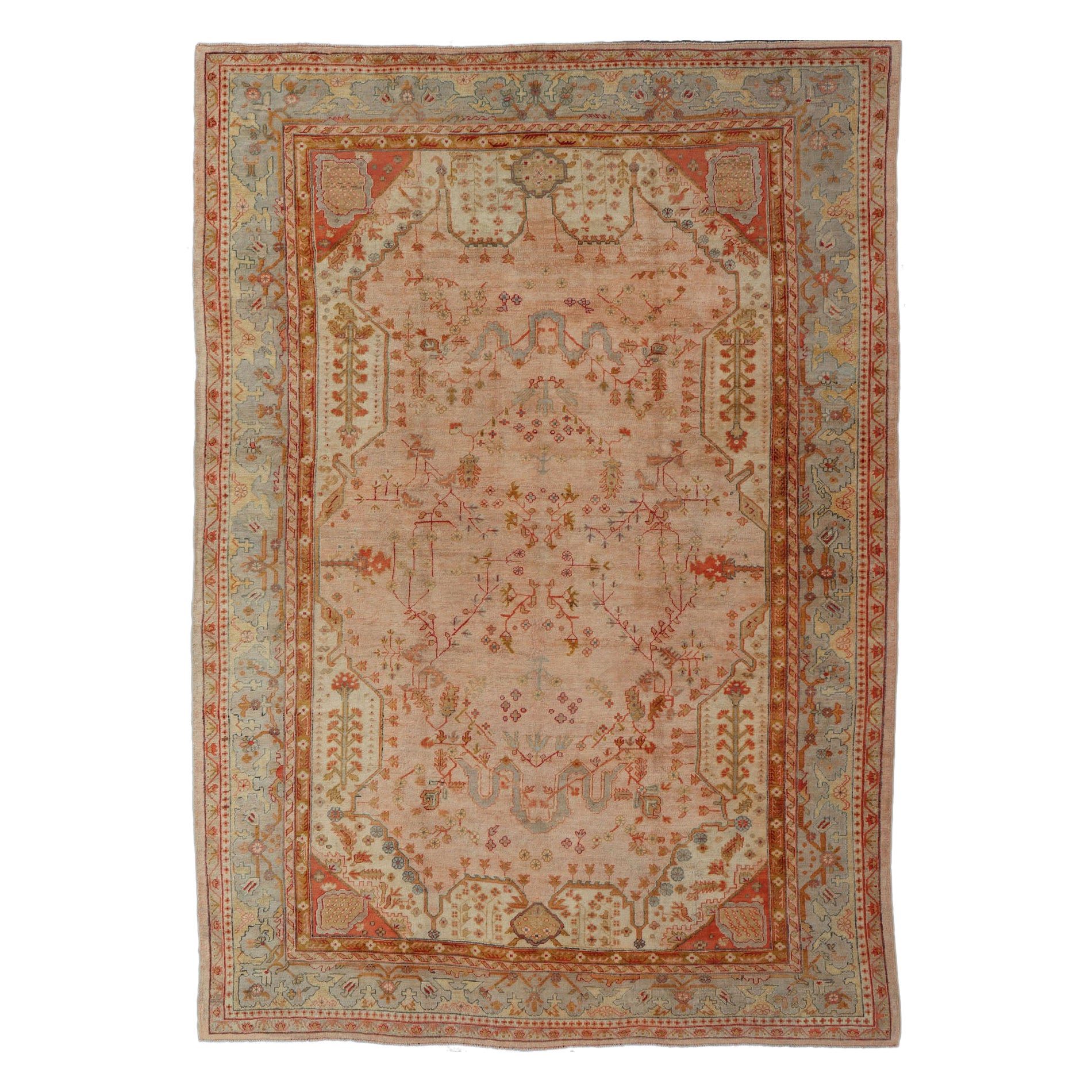 Antique Turkish Large Oushak Colorful Rug in Salmon, Green, Yellow, Orange For Sale