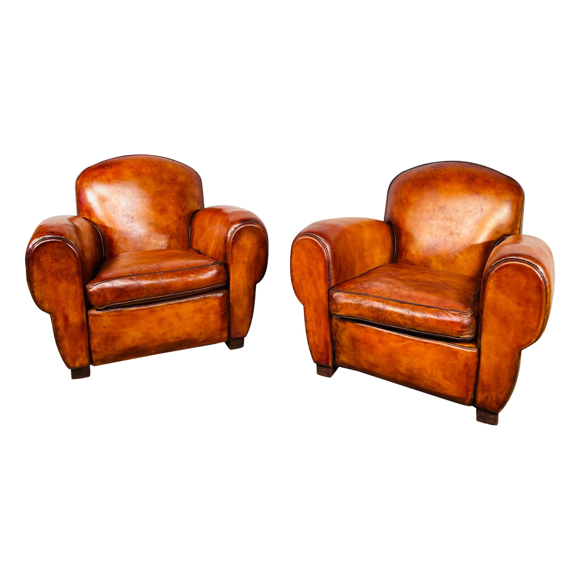 Stunning Pair of Leather French Club Chairs circa 1930 Patinated Cognac Color