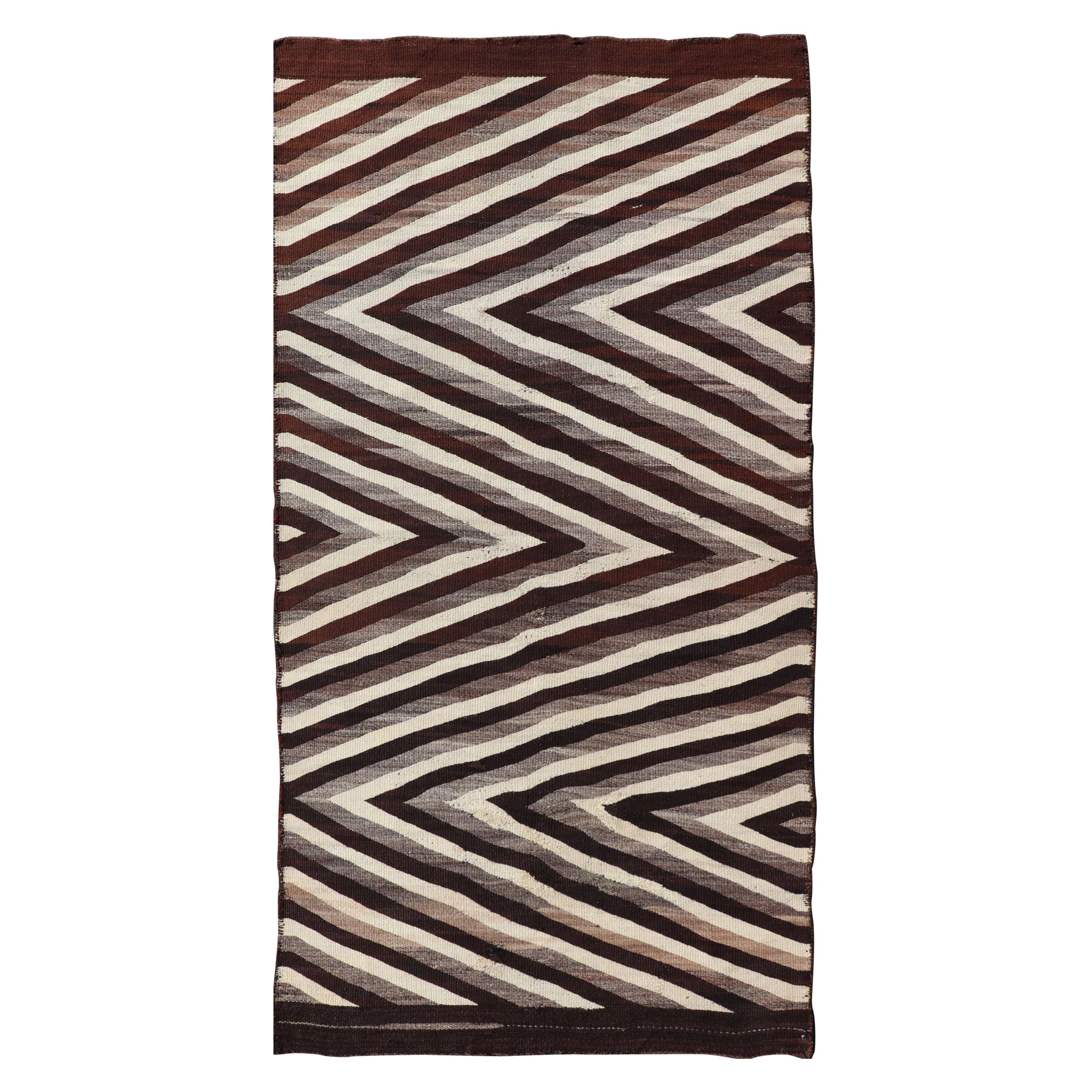 Large Early Navajo Tribal Rug with Large Zig-Zag Design in Brown, Ivory