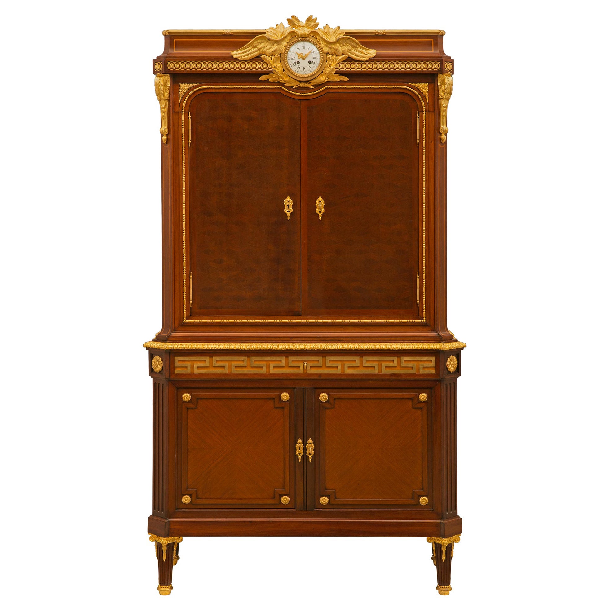 French 19th Century Louis XVI St. Mahogany, Tulipwood and Ormolu Clock Cabinet For Sale