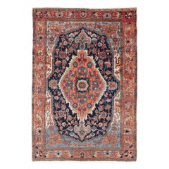  Antique Persian Serapi-Heriz Rug with Geometrics Design in Midnight Blue