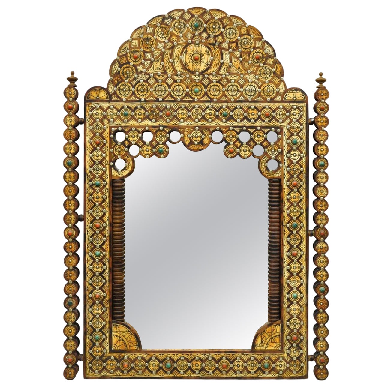 Vintage Moroccan Moorish Style Carved Wood Mirror with Jewel Accents
