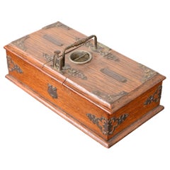 Antique English Victorian Oak and Brass Cigar / Cigarette Box