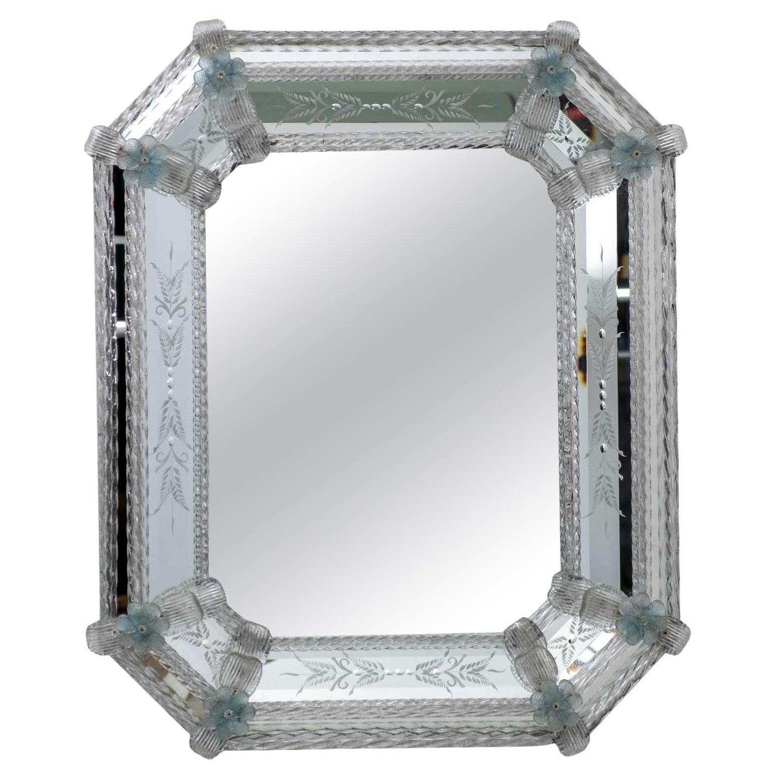 20th Century Venetian Murano Glass Flowers Octagonal Mirror For Sale