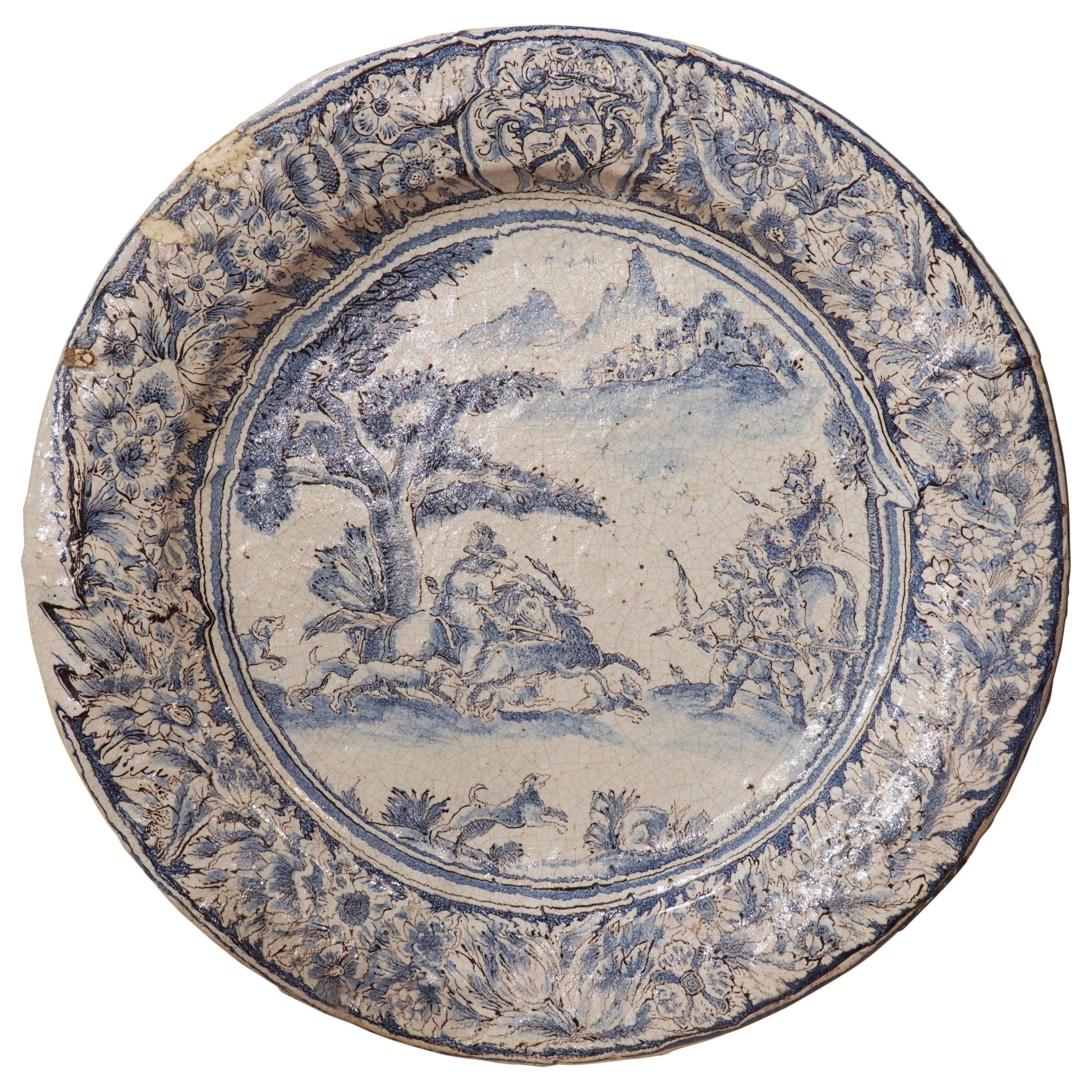 Large 17th Century French Blue and White Faience Platter with Stag Hunt Scene