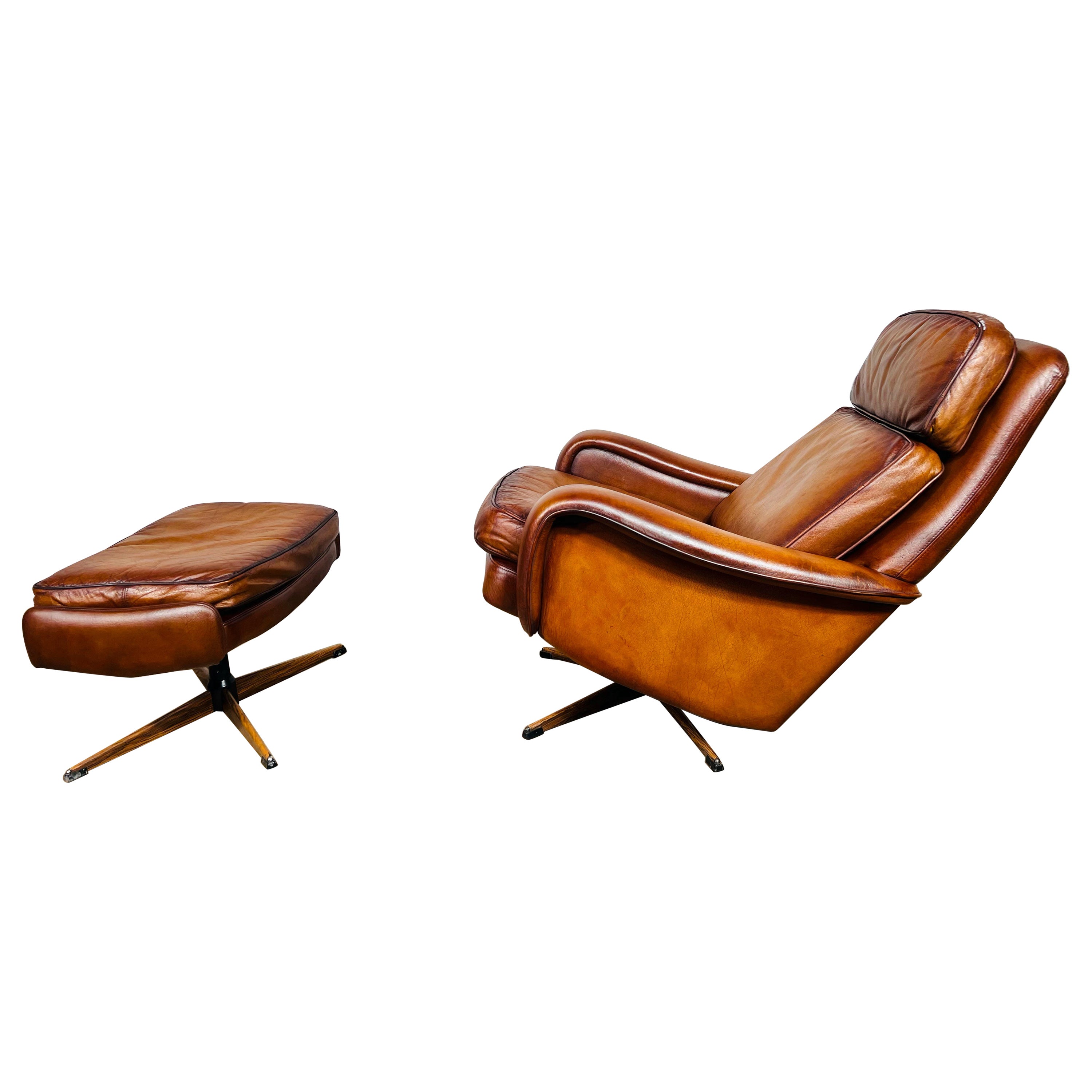 Stunning 1970s Vintage Danish Tilt Back Leather Swivel Chair and Stool For Sale