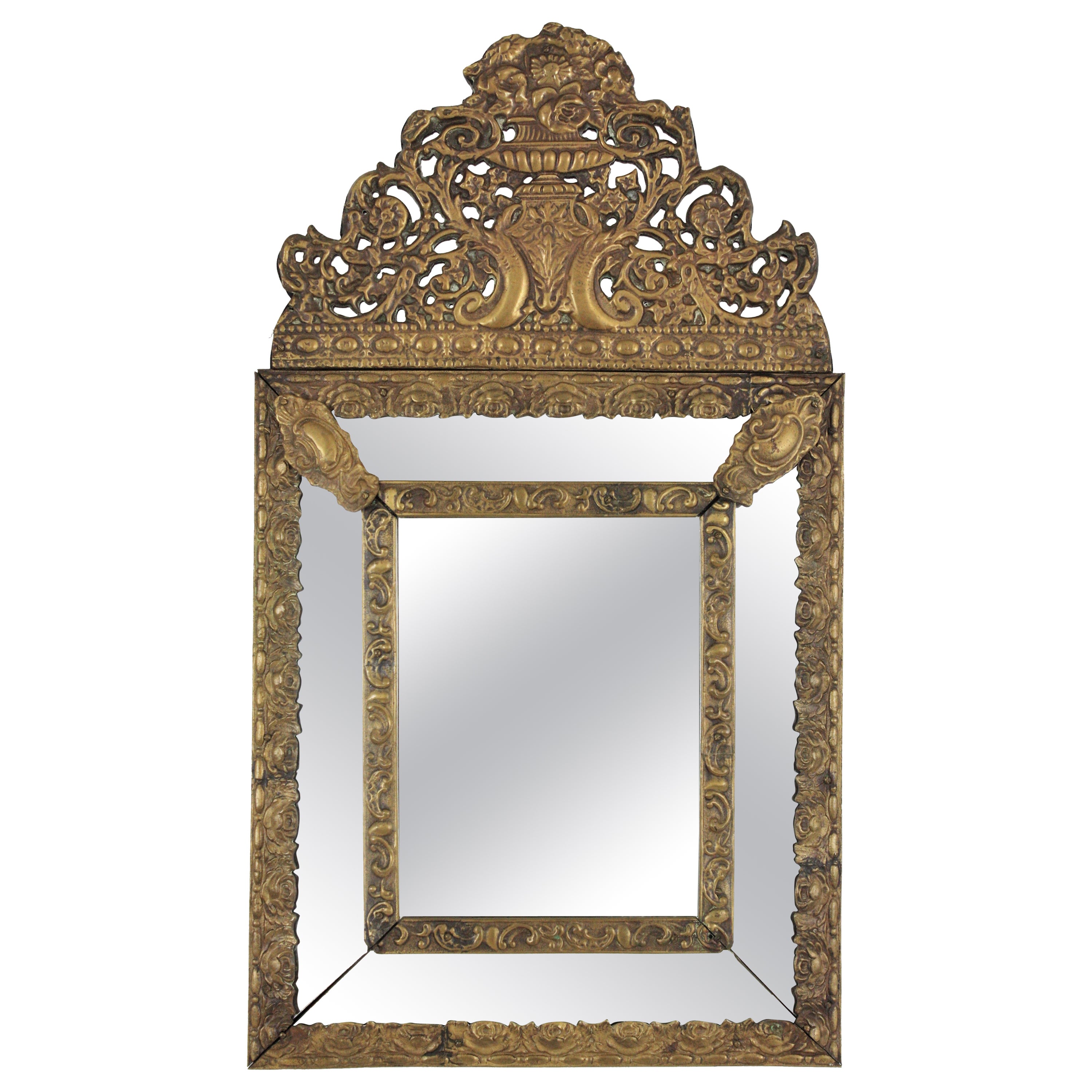 French Napoleon III Brass Repousse Glass Mirror For Sale