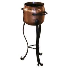 19th Century French Copper Planter on Integral Three-Leg Wrought Iron Stand