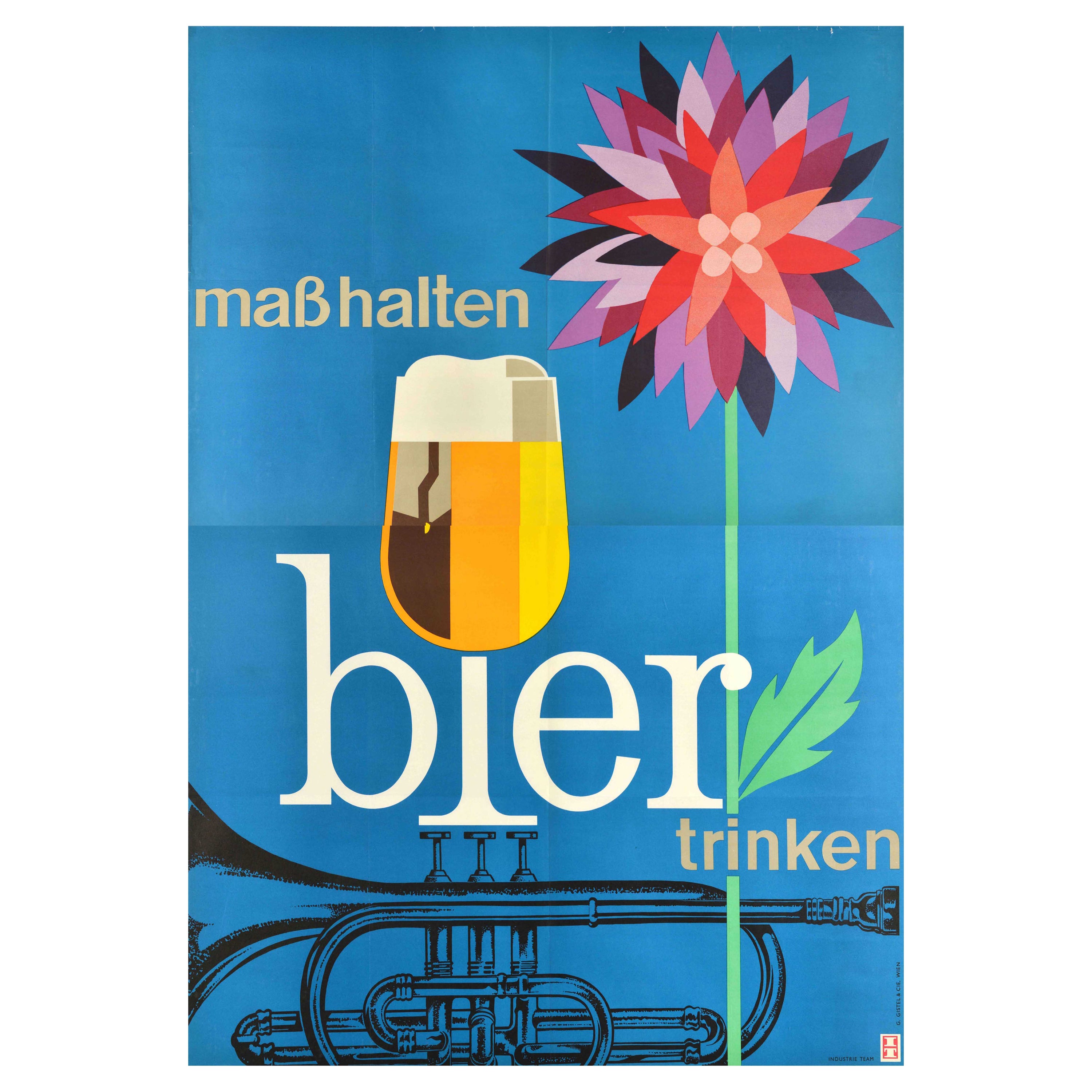 Original Vintage Advertising Poster Drink Beer Moderately Flower Trumpet Alcohol For Sale