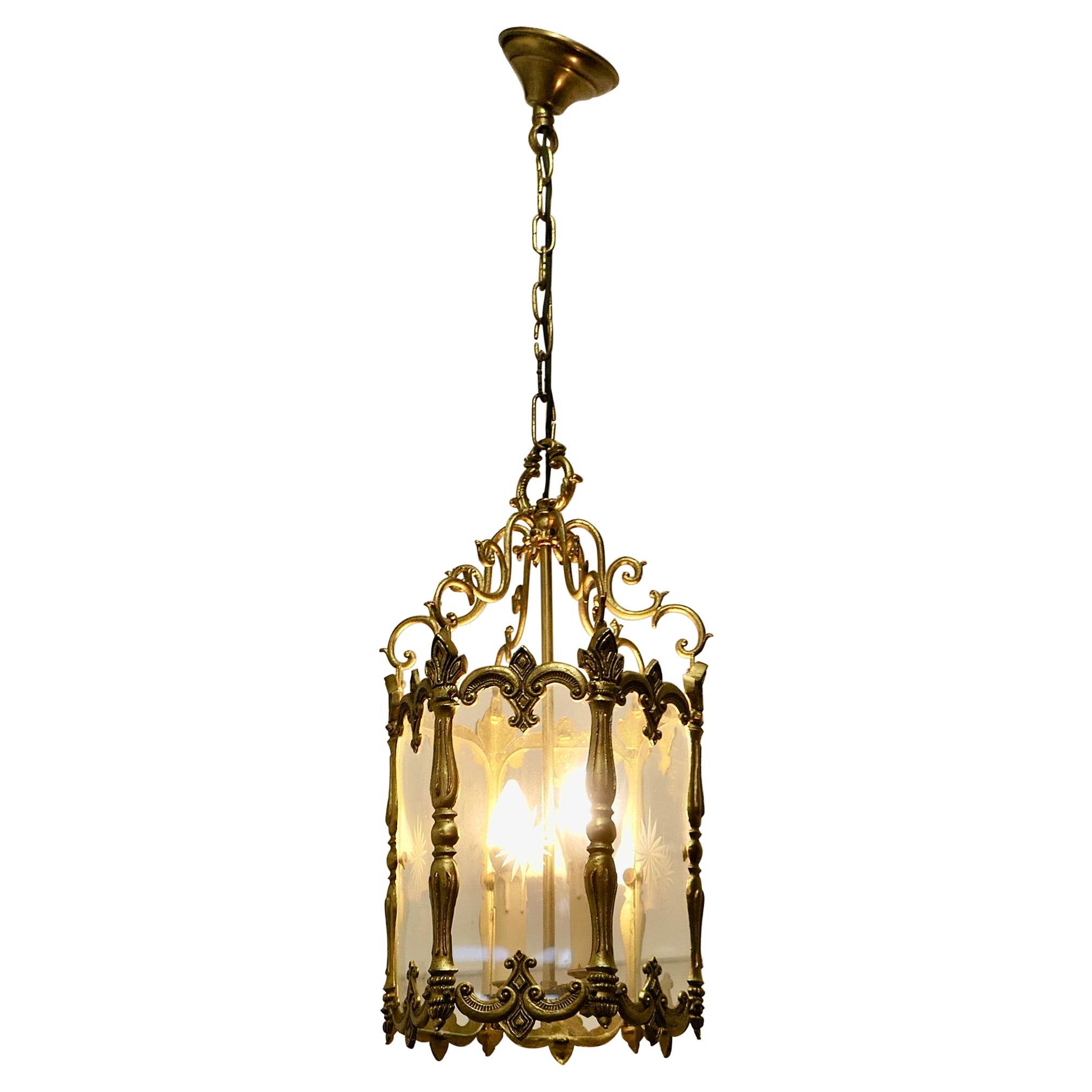 Large French Rococo Brass Glass Lantern Hall Light For Sale