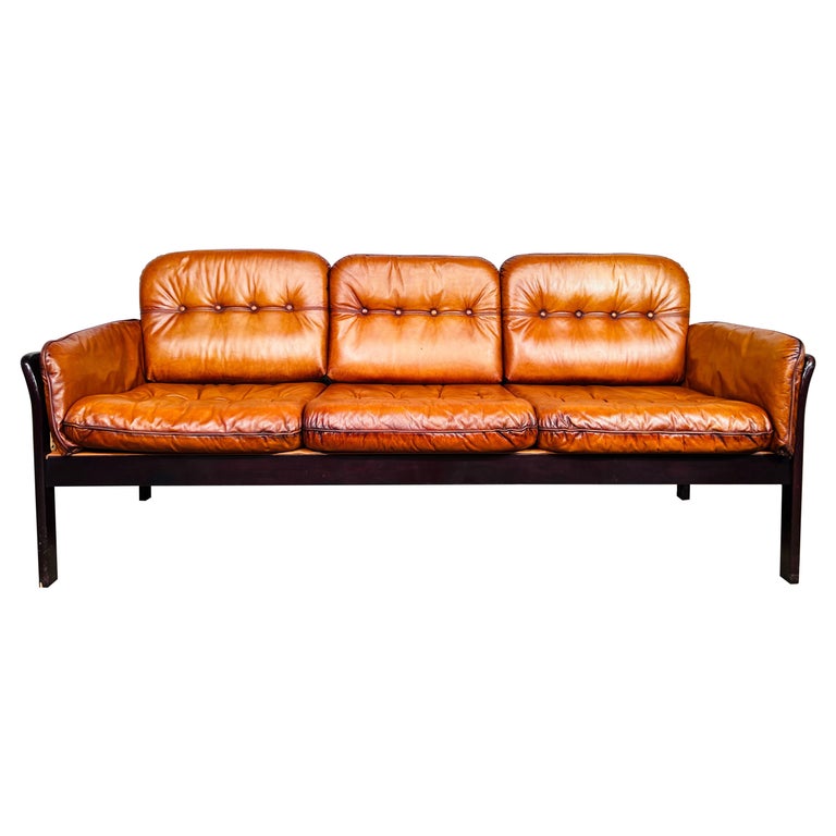 Elegant Vintage Danish 1970 s Tan Three Seater Leather Sofa Cane Sides 728 For Sale at 1stDibs