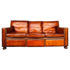 Retro Stunning English Mid C Chestnut Brown Leather Studded Three Seater Sofa #716