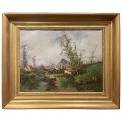 Peinture à l'huile encadrée du 19ème siècle représentant un paysage, signée Languinais pour Galien-Laloue