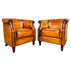 Great Pair of Vintage Tan Leather Tub Chairs #714
