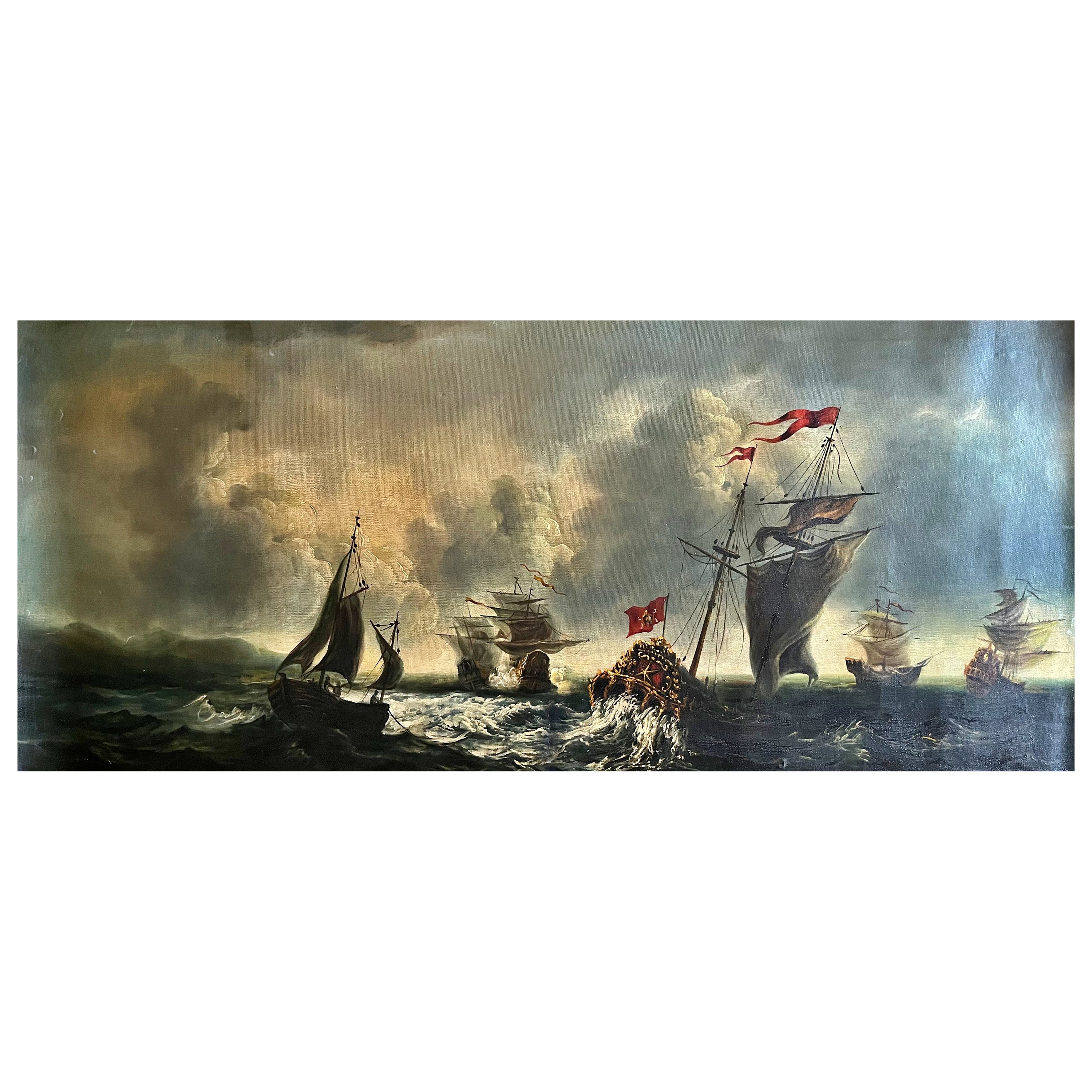 Peinture de l'école espagnole « bataille navale » du 19ème siècle en vente