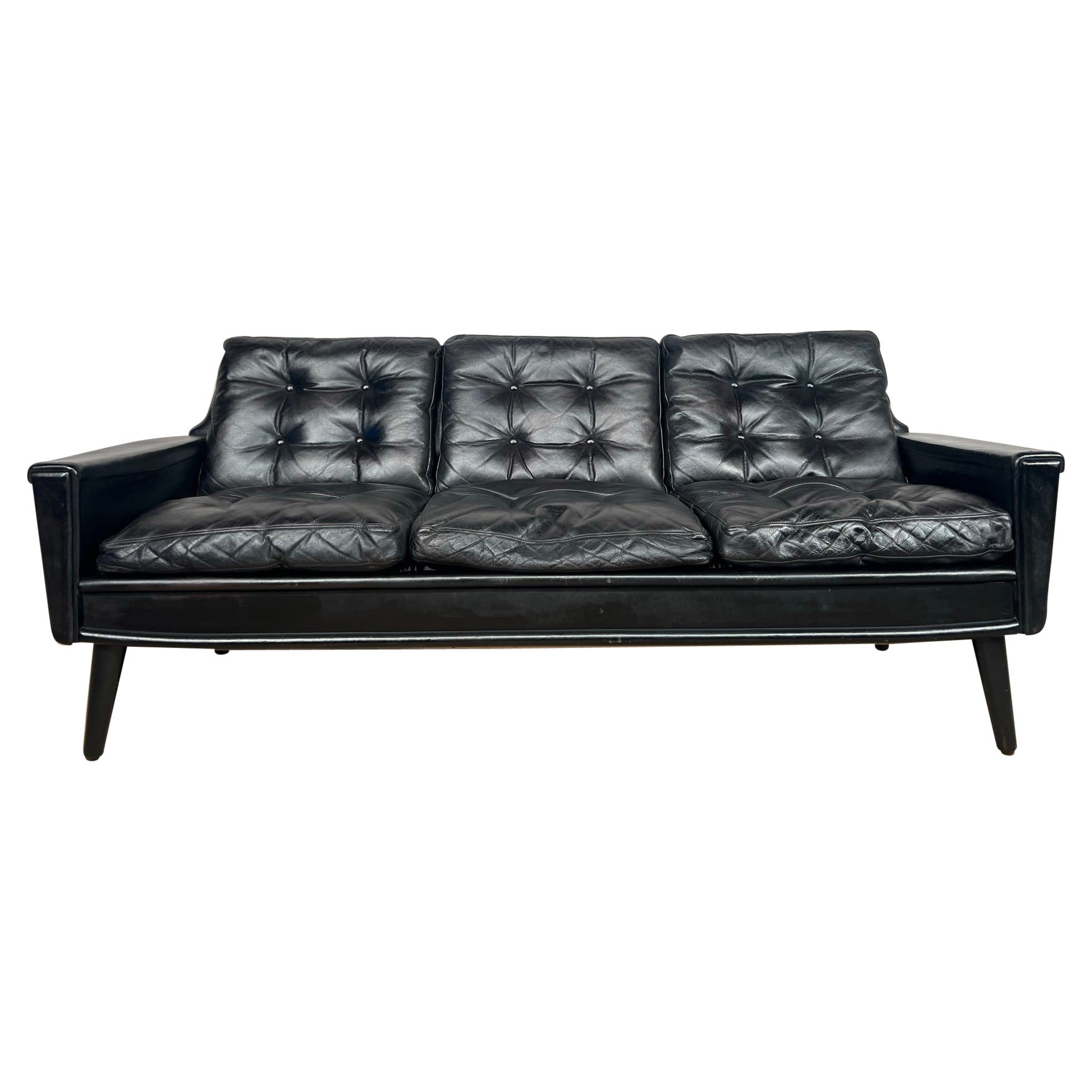 Stylish Vintage Danish Black Leather Three Seater Sofa For Sale
