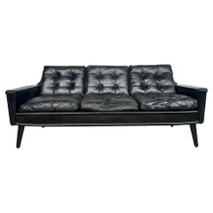 Stylish Vintage Danish Black Leather Three Seater Sofa