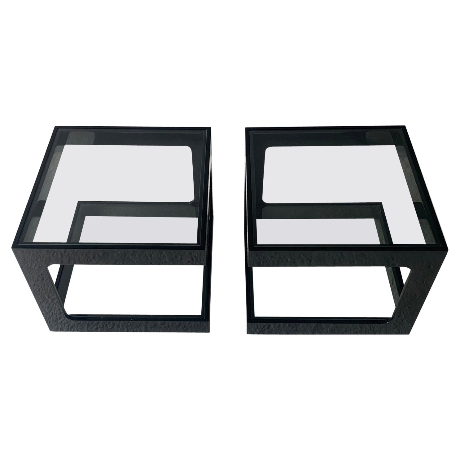 Pair of Midcentury Bedside Tables with Opaxite Glass, Czechoslovakia