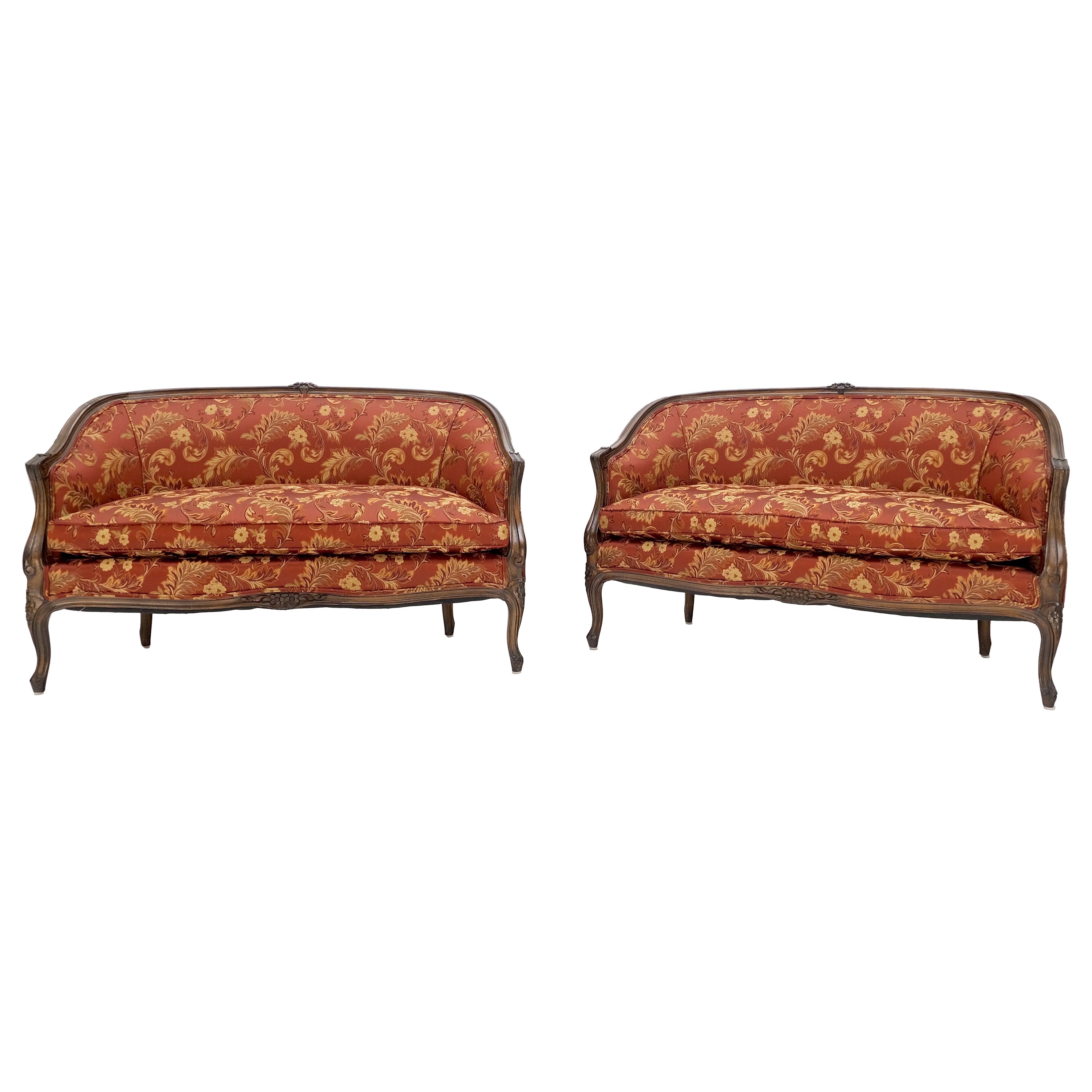 Pair of Mint Condition Carved Walnut Country French Down Cushions Compact Sofas For Sale