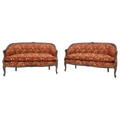 Pair of Mint Condition Carved Walnut Country French Down Cushions Compact Sofas