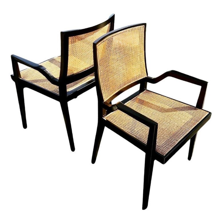 Dramatic Set of 20 Sophisticated Black Lacquer Cane Arm Chairs by Michael Taylor