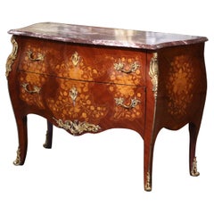 French Louis XV Marble Top Walnut Marquetry Inlaid Bombe Chest of Drawers