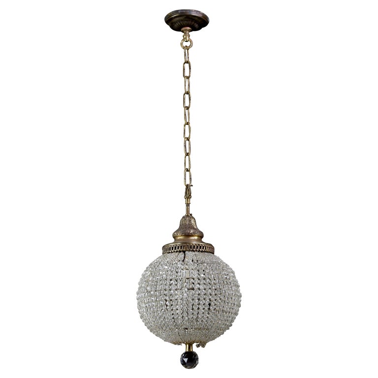 Early 20th Century Crystal Bead Ball Pendant Light Brass Hardware For