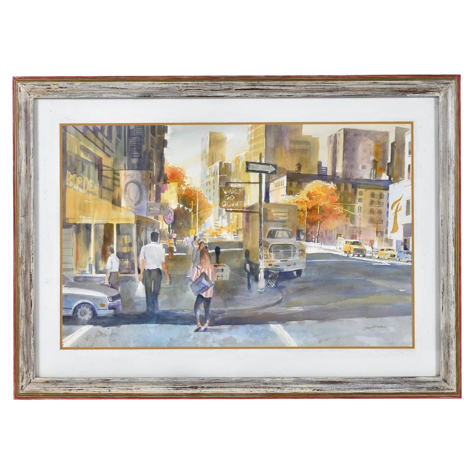 James C. Borden Large Cityscape Street Scene Watercolor Painting Cerused Frame