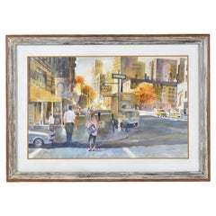 James C. Borden Large Cityscape Street Scene Watercolor Painting Cerused Frame