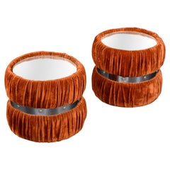 1970s Faux Fuzzy Fur Orange and Chrome Mirrored Glass End Tables Set
