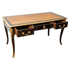 Antique Magnificent Flat Desk in Blackened Wood and Bronzes, Napoleon III Style