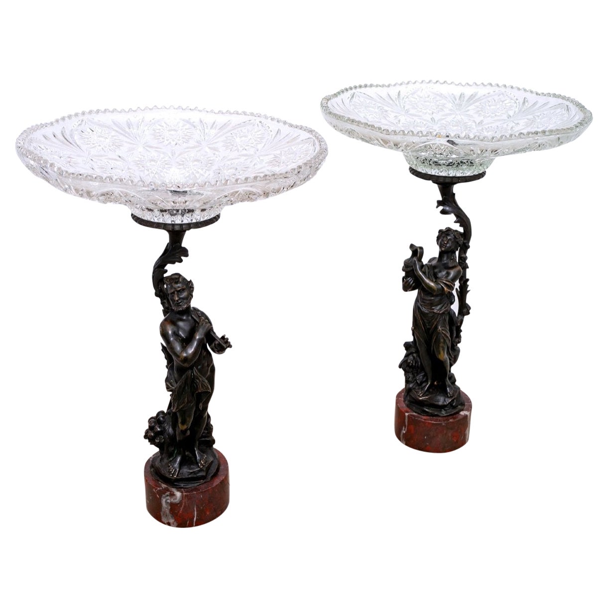 Pair of Patinated Bronze Centerpieces , Red Campan Griotte Marble Base, 19th For Sale
