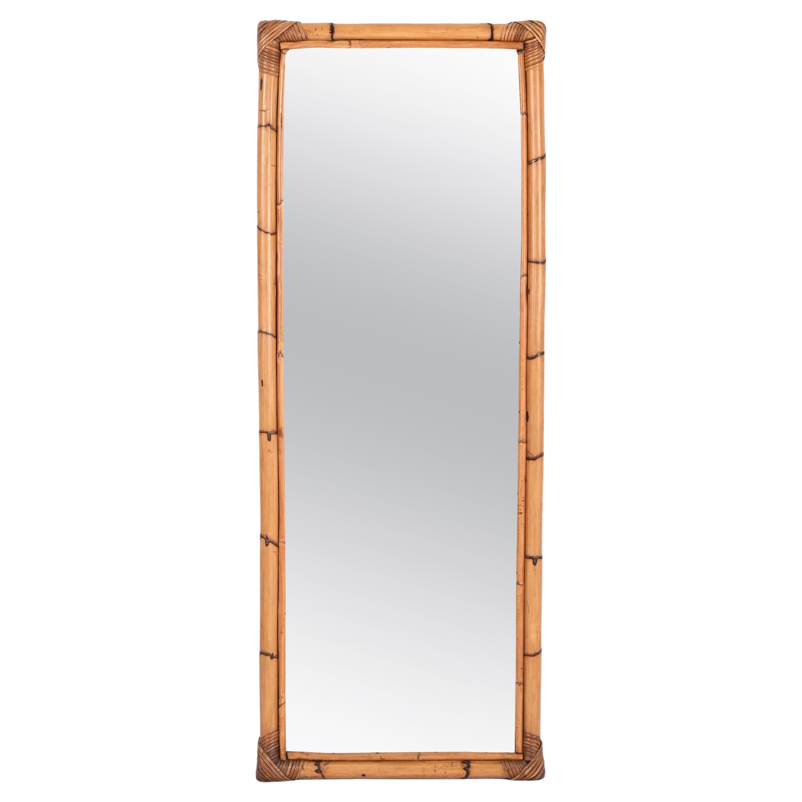 Midcentury Rectangular Mirror with Bamboo and Rattan Frame, Italy 1970s