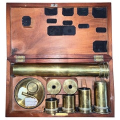 Antique Late 19th Century Brass Telescope Oculars and Accessories in Wooden Box 