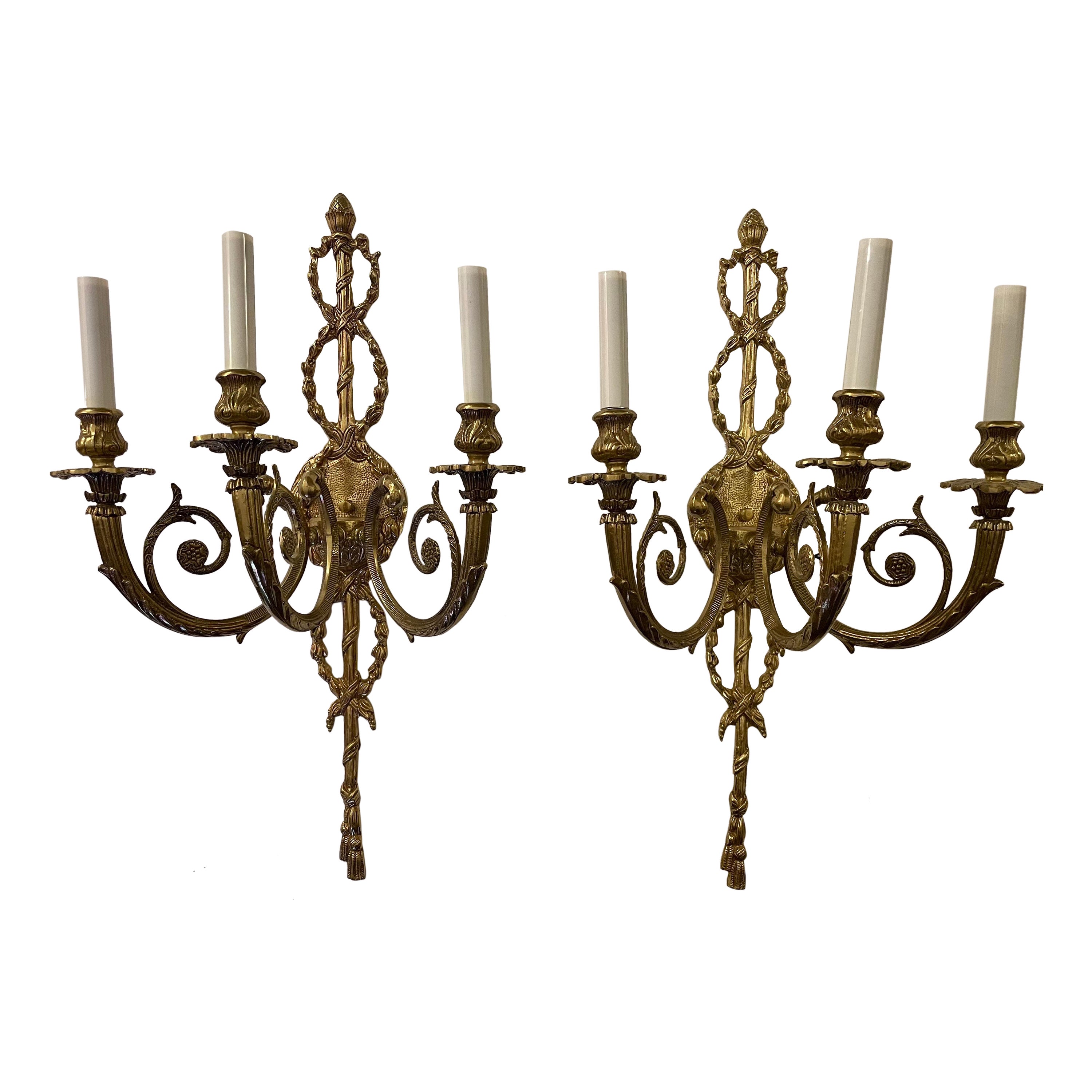 Pair of Regency Style Three Arm Brass Sconces