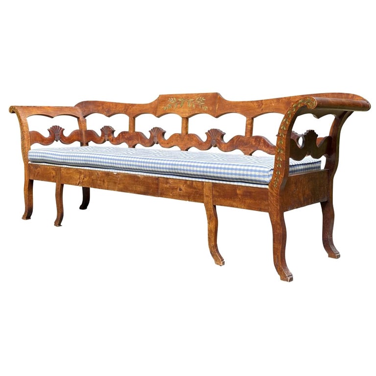 Antique Carved Painted Gustavian Style Scrolled Bench For Sale at 1stDibs
