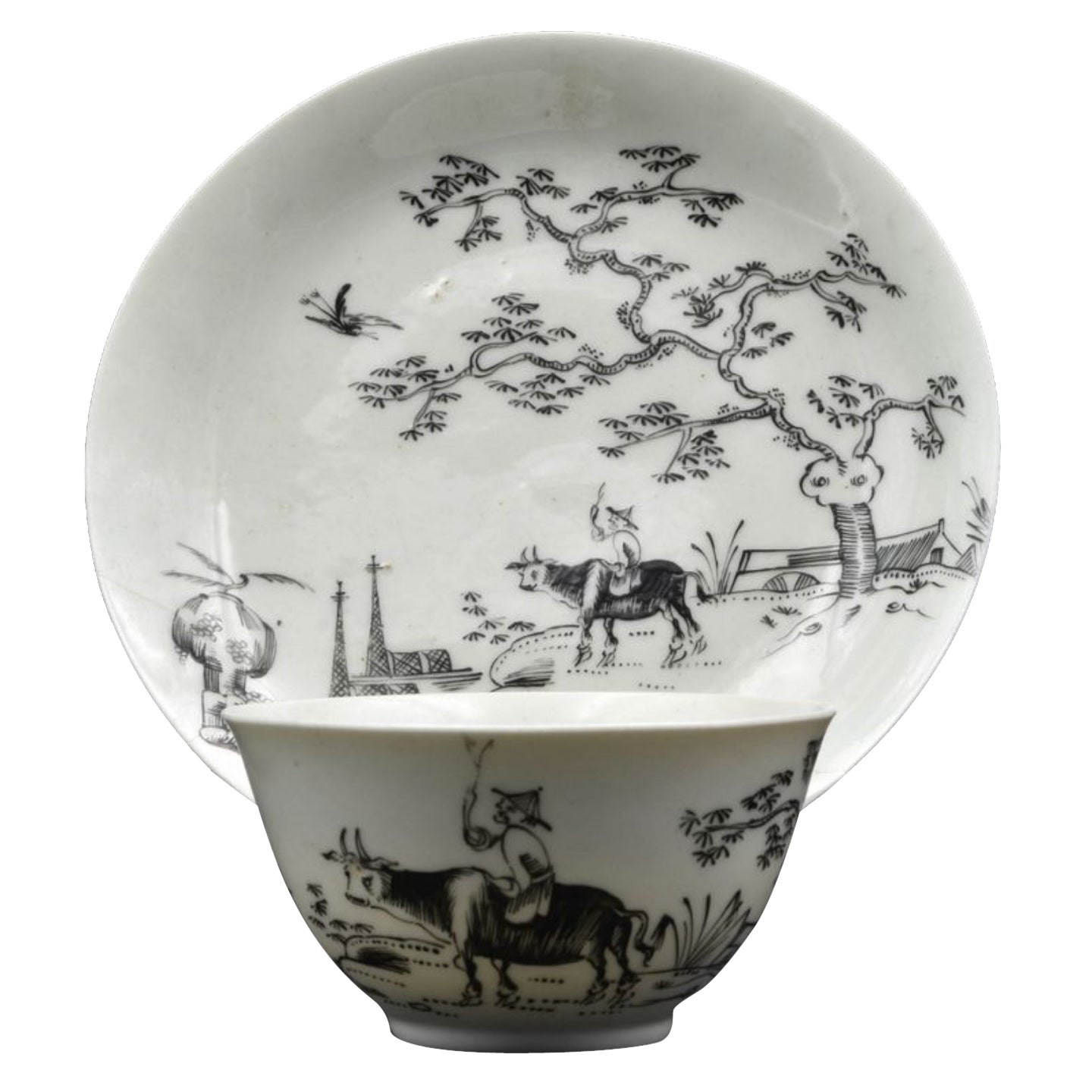 Tea Bowl and Saucer, Pencilled with Boy on a Buffalo, Worcester, circa 1755 For Sale