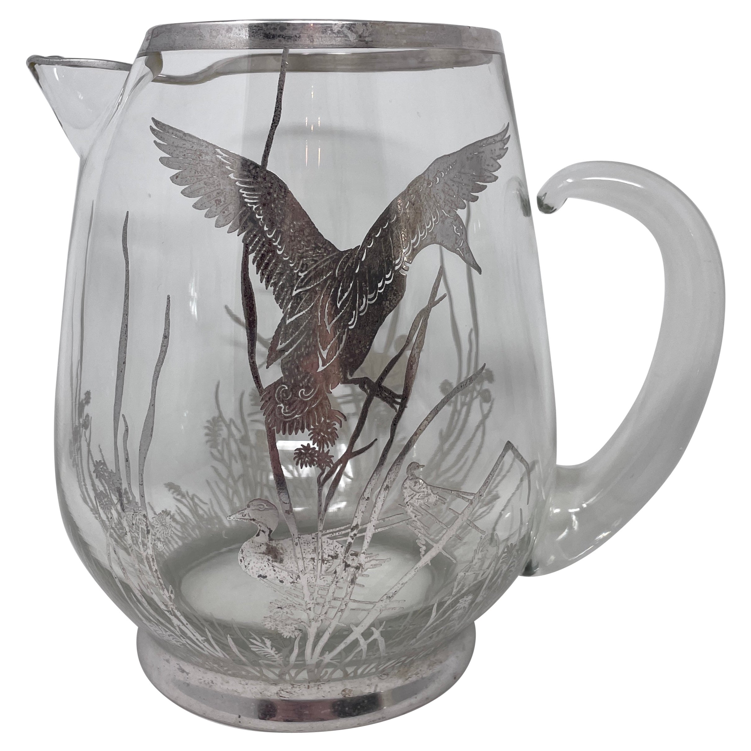 Estate Art Deco Silvered Cut Crystal Cocktail Pitcher with Birds, circa 1930s