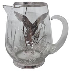 Estate Art Deco Silvered Cut Crystal Cocktail Pitcher with Birds, circa 1930s