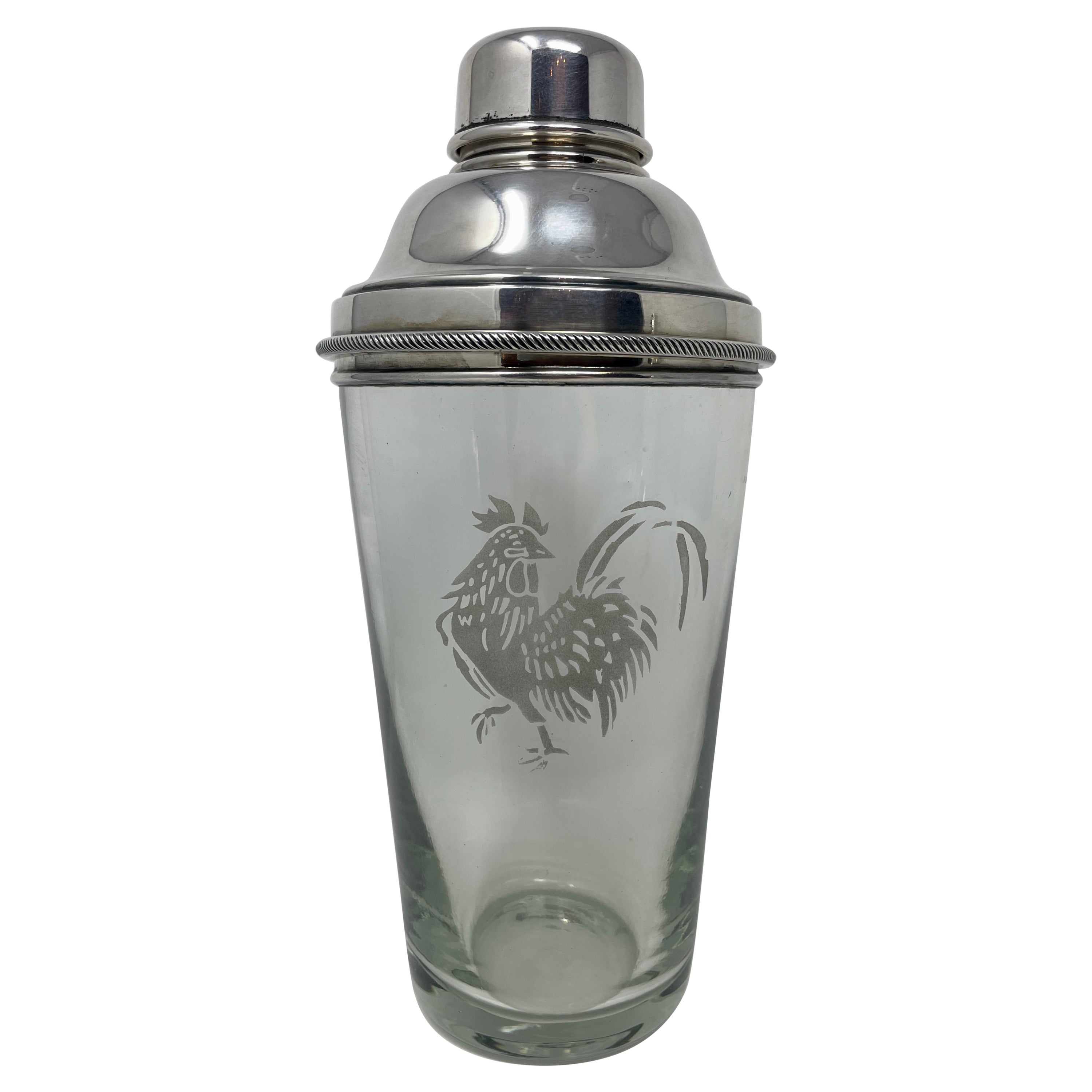 Estate Retro Rooster Cut Crystal & Silver-Plated Cocktail Shaker, circa 1930s For Sale