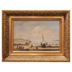 Vintage Small Oil on Board Beach and Sailboat Painting from France, 20th Century