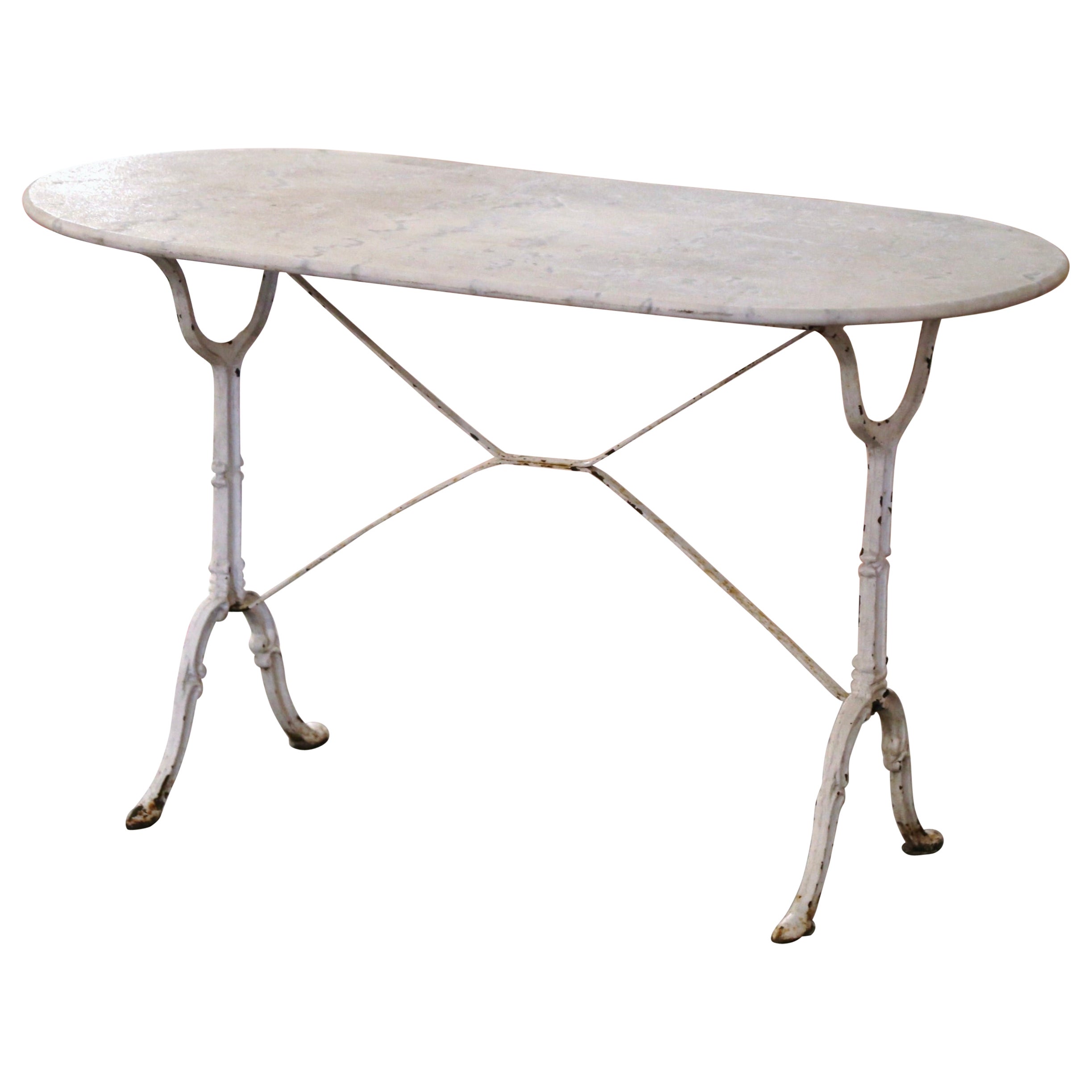 Midcentury French Oval White Marble Top and Painted Cast Iron Bistrot Table