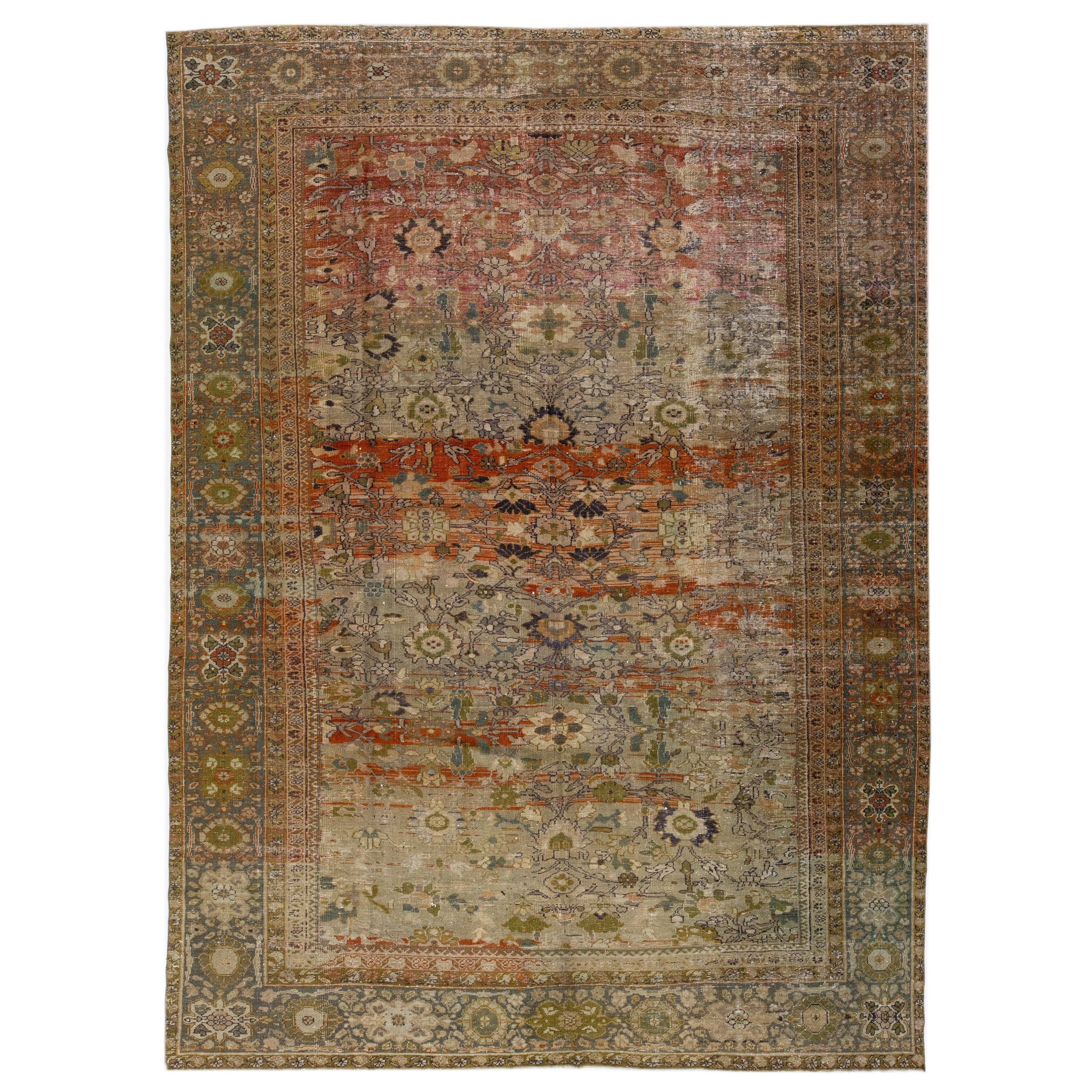 1900s Allover Antique Persian Sultanabad Wool Rug Handmade in Brown For Sale